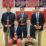 Worcester Prep last week honored its winter sports athletes with a variety of awards. Pictured above, seated, from left: Rick Townsend and Brenner Maull. Pictured standing, from left: Erik Zorn, Elio Telo, and Wyatt Richins. Not pictured is Zach Wilson.