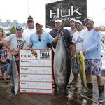 The crew on the “Fish Tricks” took first place in the heaviest single tuna division of the Ocean City Tuna Tournament last weekend with this 156-pound big-eye an earned $216,512. Photo by Hooked On OC 