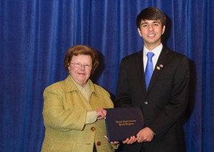U.S. Senator Barbara A. Mikulski Presents Senate Youth Program Certificate To Marland Delegate Kieran Murphy