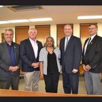 Pictured, from left, at last Friday’s announcement were County Commissioners Chip Bertino, Jim Bunting and Diana Purnell, incoming Superintendent of Schools Lou Taylor and Commissioner Ted Elder. Photo by Charlene Sharpe