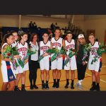 Worcester Prep’s girls’ varsity basketball team celebrated Senior Day on Tuesday with a 34-24 win over Delmarva Christian. Pictured above, from left are Madison Bescak, Eva Parks, Regan Lingo, Senior Class Advisor Debbi Speier, Leigh Lingo, Melissa Laws, Kathleen Emche, Olivia Bescak and Karlie Southcomb. Photo by Shawn Soper